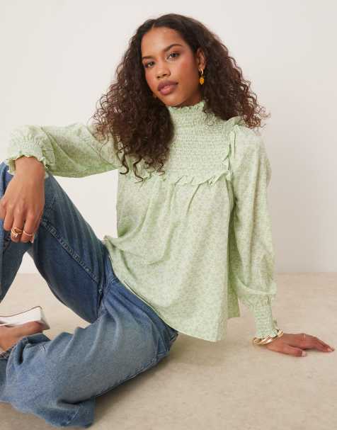 Glamorous shirred high neck blouse in white mint ditsy