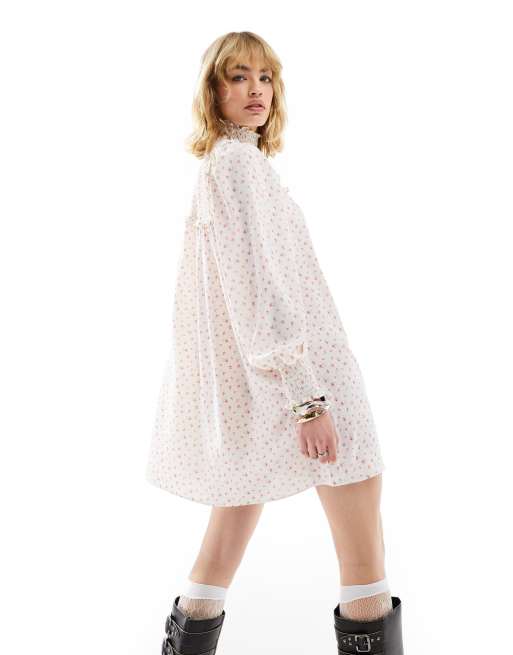 Glamorous shirred high neck long sleeve mini smock dress in cream ditsy floral, 3 of 4