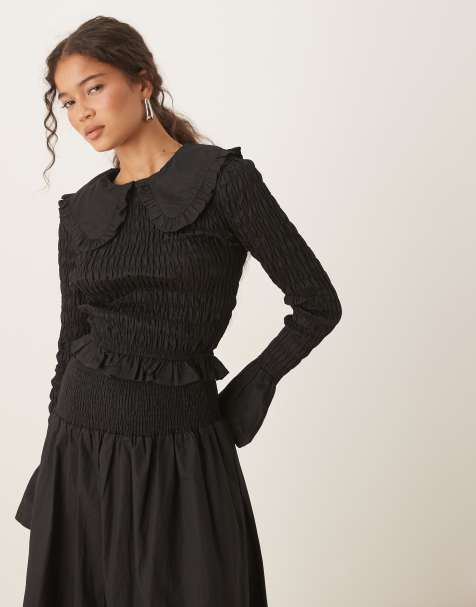 Glamorous shirred long sleeve top in black co-ord - view 1