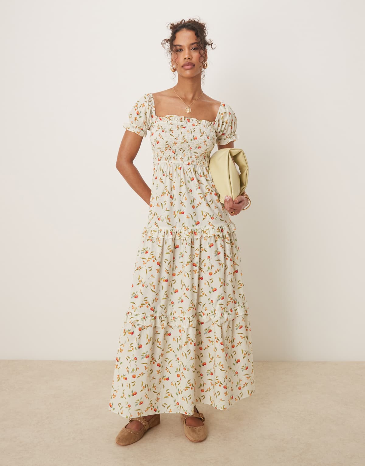 Glamorous shirred maxi dress in fruit print
