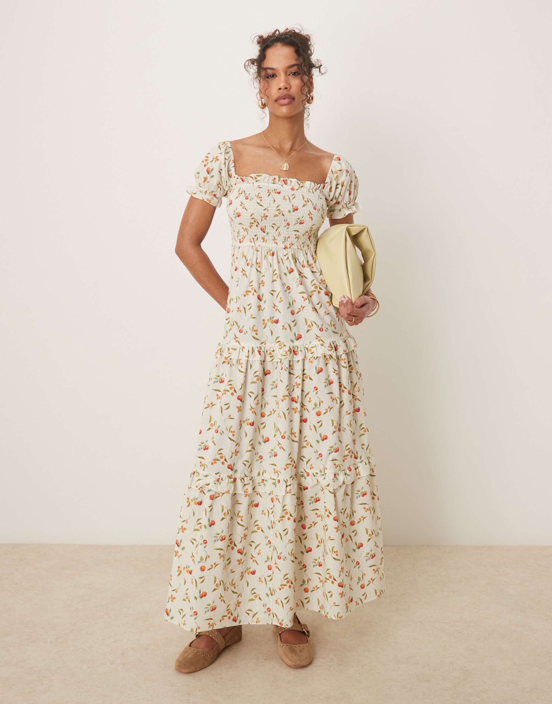 glamorous shirred maxi dress in fruit print