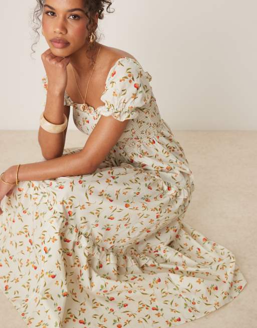 Glamorous shirred maxi dress in fruit print