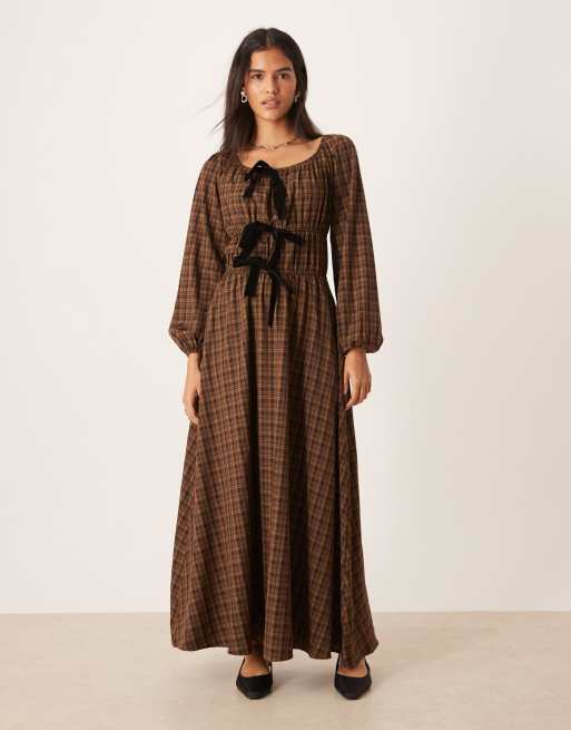 Glamorous shirred maxi dress with front ties in brown black plaid