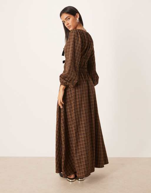 Glamorous shirred maxi dress with front ties in brown black plaid