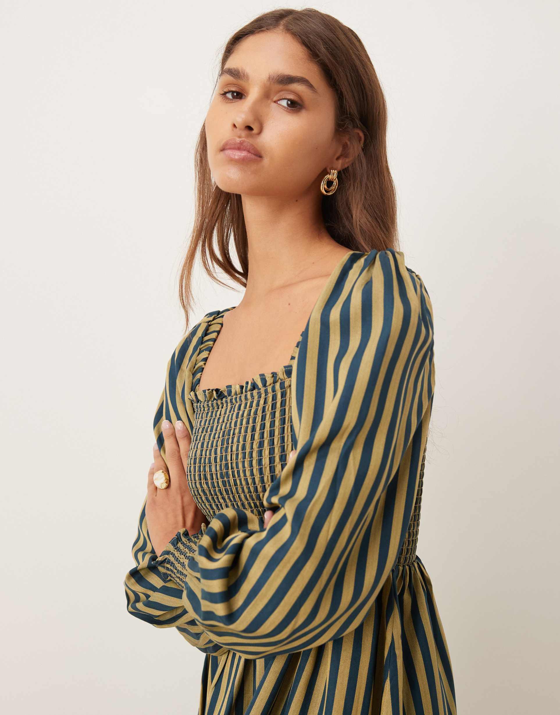 glamorous shirred midi dress with puff sleeves in navy yellow stripe