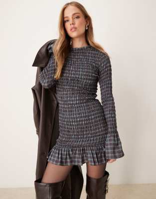 shirred mini dress in blue check