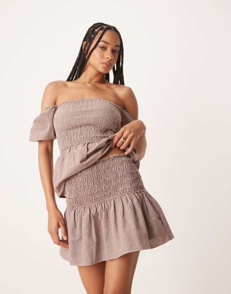 Glamorous shirred mini skirt in brown check co-ord - view 1