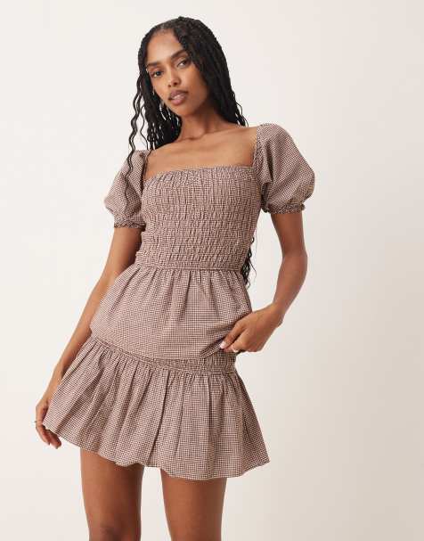 Glamorous shirred mini skirt in brown check co-ord