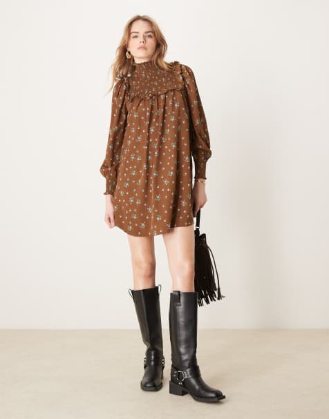 Glamorous shirred neck mini smock dress in brown with blue floral - view 1