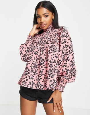 Glamorous shirred neck smock blouse in pink ditsy floral - ASOS Price Checker