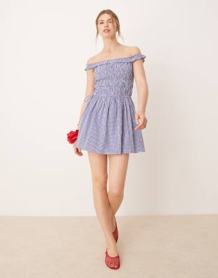Glamorous shirred off shoulder mini dress in blue gingham