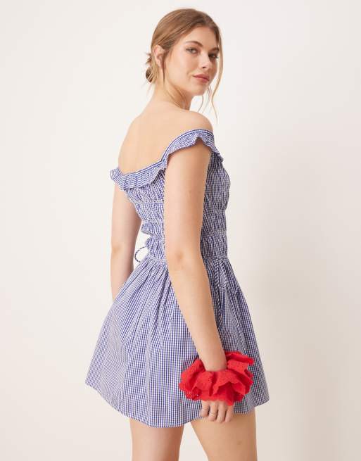 Glamorous shirred off the shoulder mini dress in blue gingham