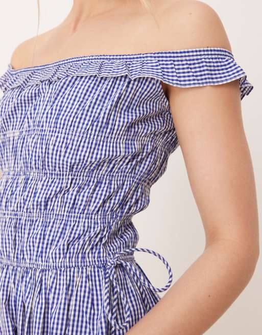 blue gingham off the shoulder dress White & Blue Floral Halter Maxi Dress - All Dresses