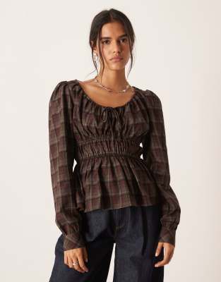 Glamorous Glamorous shirred peplum top in red navy check-Multi