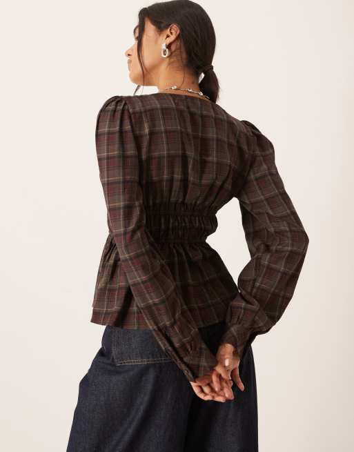 Glamorous shirred peplum top in red navy check, 3 of 4