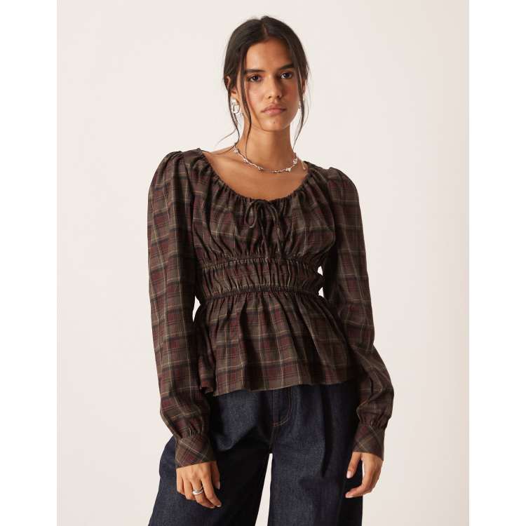 ミストレアス　Plaid Gathering Peplum Camisole Women Y2k Plaid Tank Top Spaghetti Strap Peplum Camisole