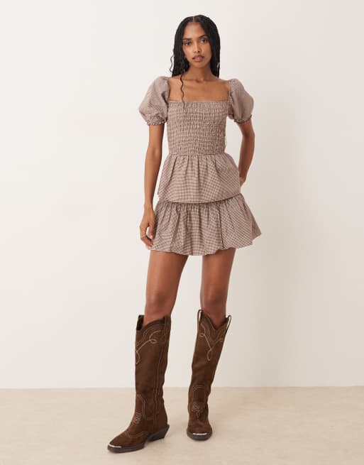 Glamorous shirred puff sleeve detail top with peplum in brown check co-ord, 2 of 4