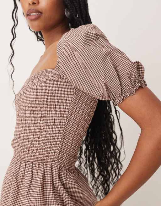 Glamorous shirred puff sleeve detail top with peplum in brown check co-ord, 3 of 4