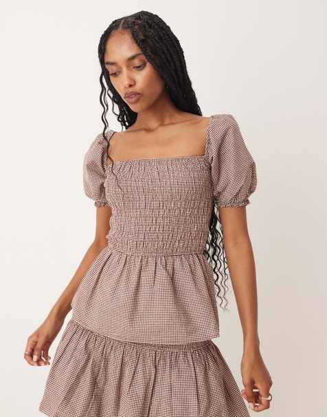Glamorous shirred puff sleeve detail top with peplum in brown plaid - part of a set - view 1