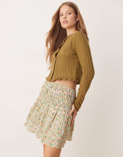 Glamorous Shirred rara mini skirt in stripe ditsy linen