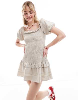 Glamorous shirred ruffle mini dress in stone-Neutral