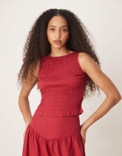 Glamorous shirred ruffle top in deep red - part of a set | ASOS