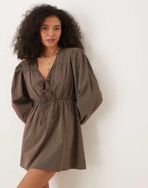 Glamorous shirred smock dress in brown stripe - view 1