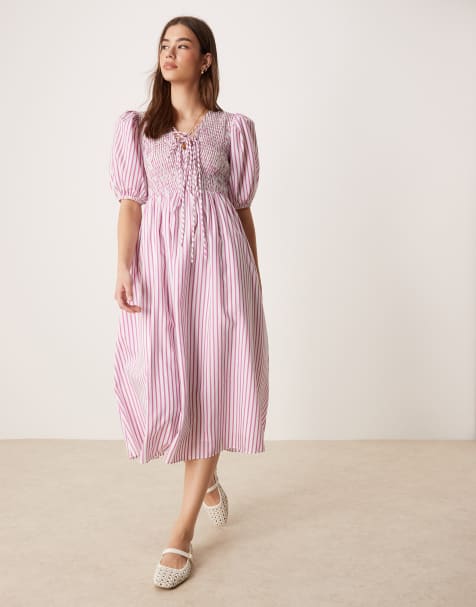 Glamorous shirred tie front maxi dress in white purple stripe