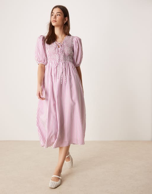 Glamorous Shirred tie front maxi dress in white purple stripe