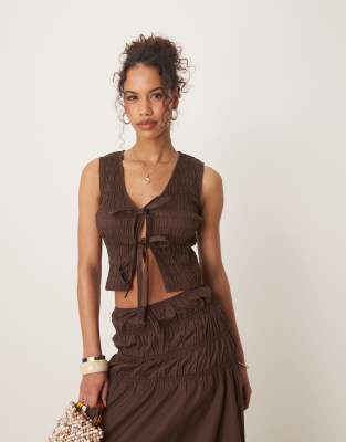 glamorous shirred tie front top in brown - part of a set