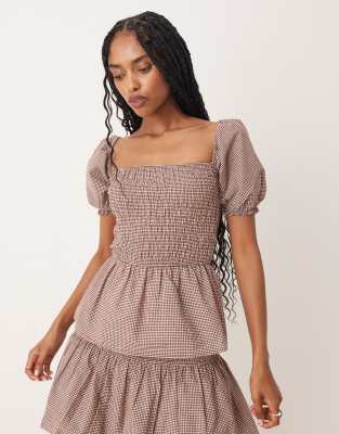 Glamorous shirred tie frot top in brown check co-ord