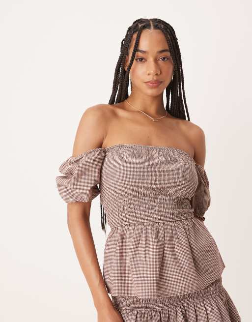 Glamorous shirred tie frot top in brown check co-ord