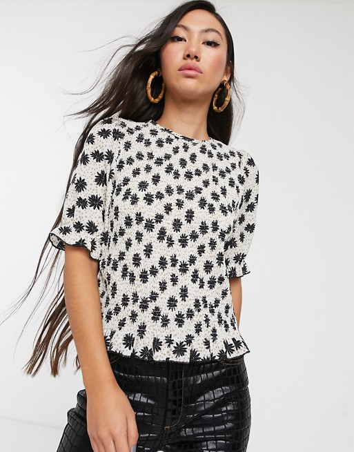 Glamorous shirred top with puff sleeves in ditsy floral spot