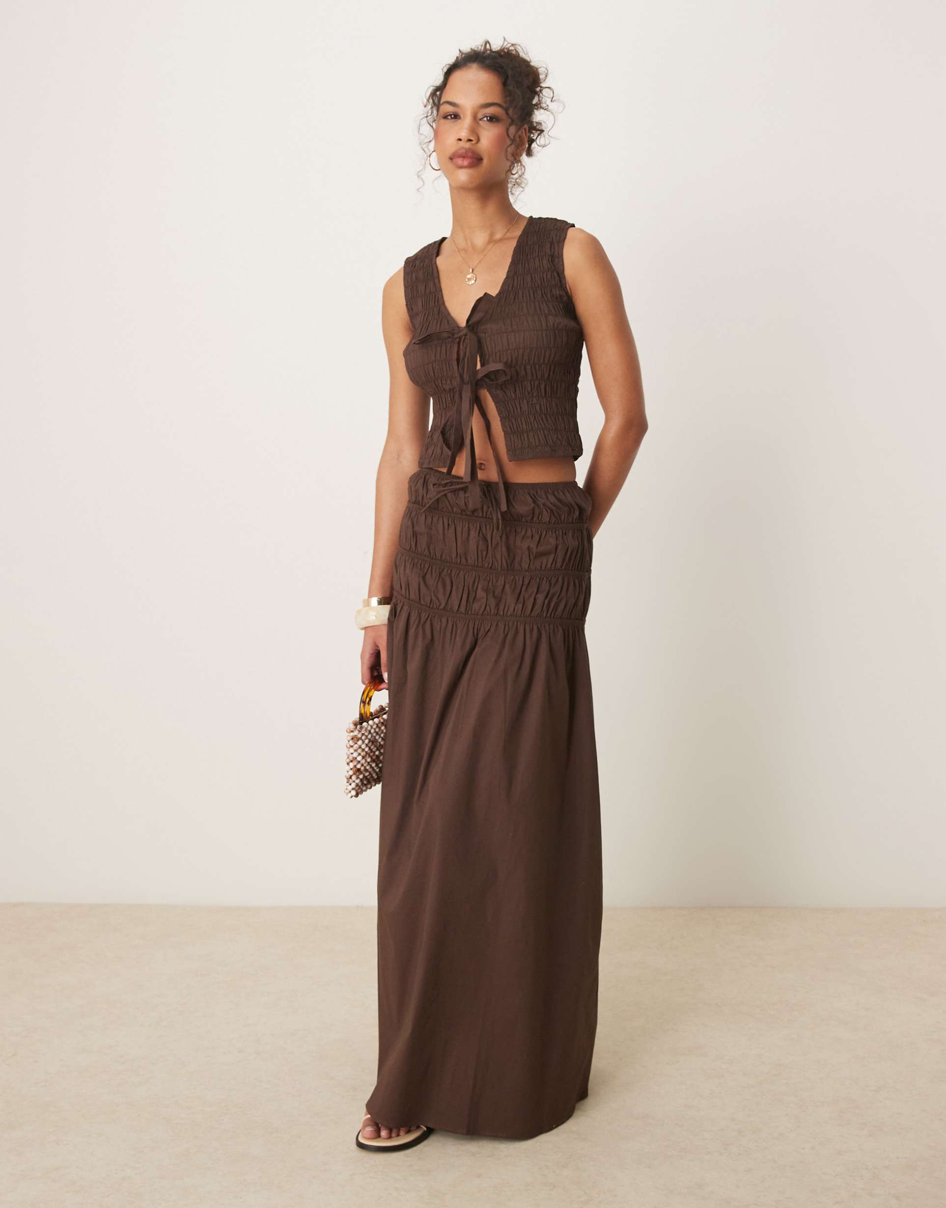 glamorous shirred waist maxi skirt in brown - part of a set