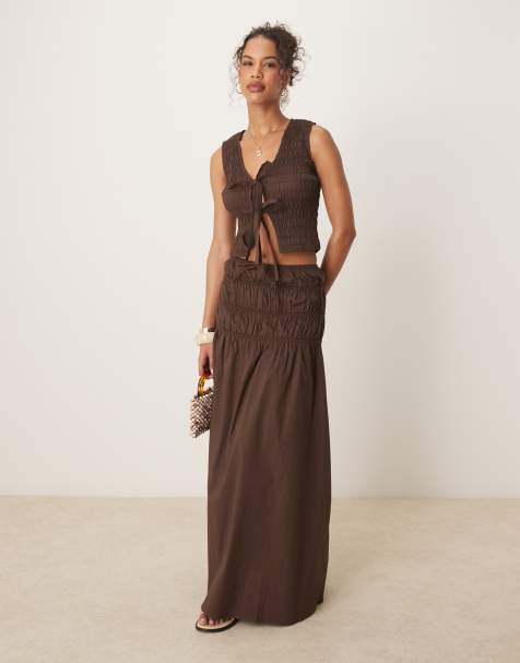 Glamorous shirred waist maxi skirt in brown co-ord