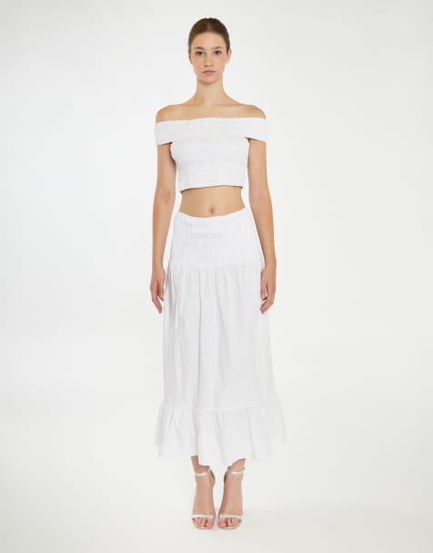 Glamorous Shirred waist maxi skirt in white