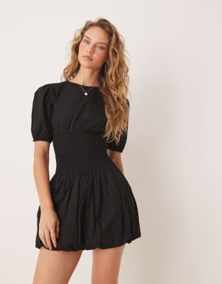 Glamorous Shirred Waist Puff Sleeve Mini Dress In Black