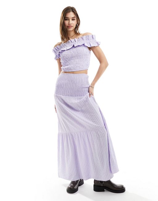 Glamorous shirred waist tierred maxi skirt in purple stripe co-ord