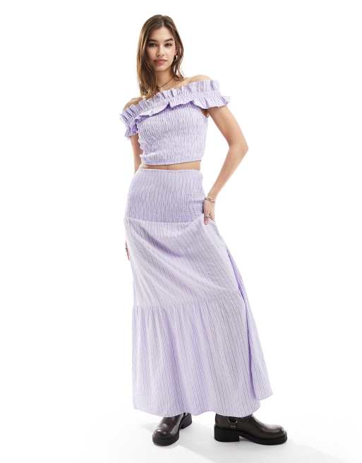 Glamorous shirred waist tierred maxi skirt in purple stripe co-ord