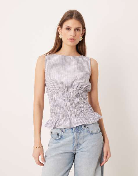 Glamorous shirred waist top with ruffle hem in blue check - view 1