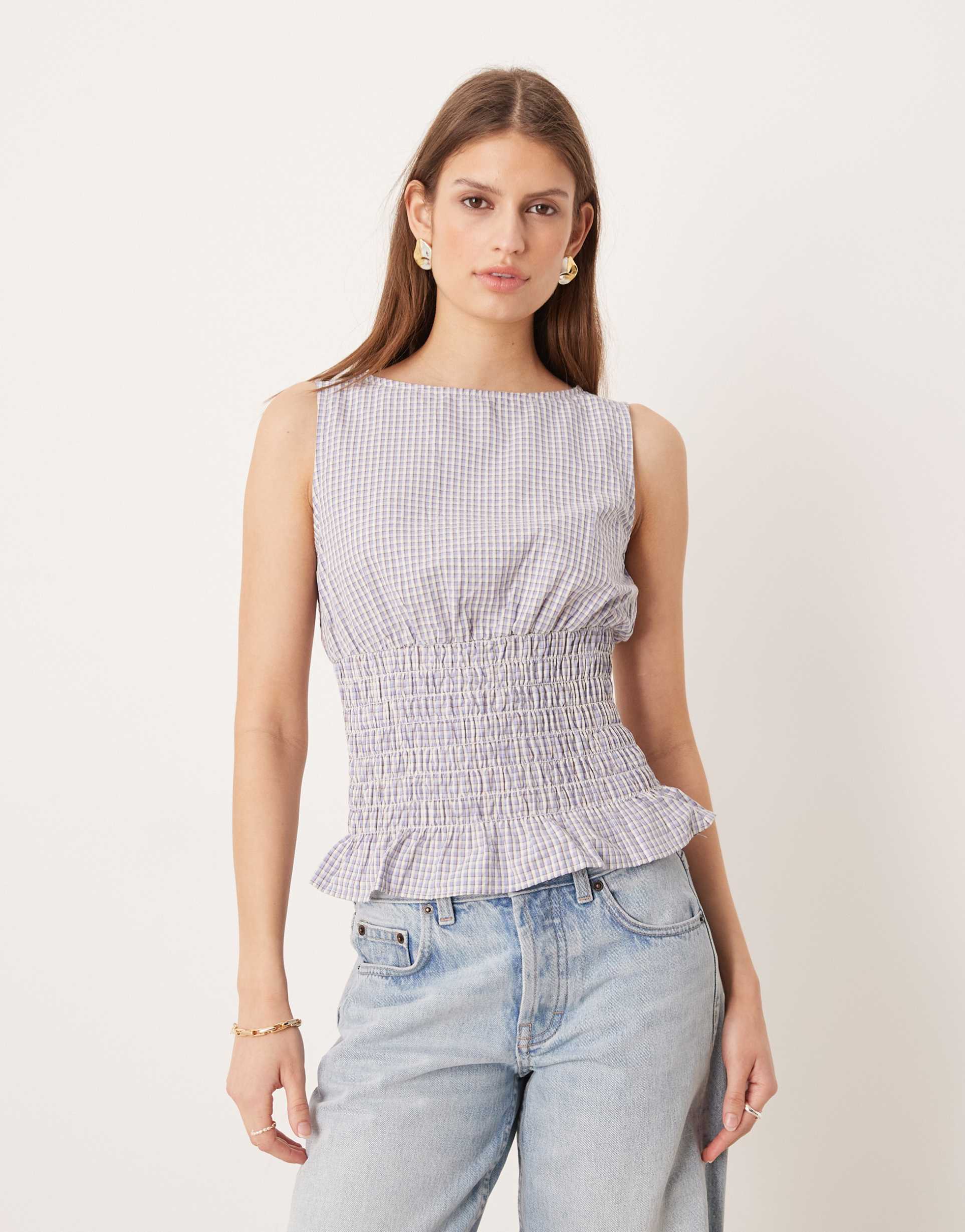 glamorous shirred waist top with ruffle hem in blue plaid
