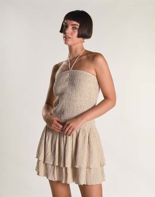 Glamorous Shirring rara mini dress in stone textured, 2 of 4