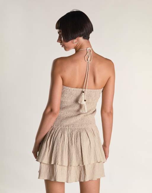 Glamorous Shirring rara mini dress in stone textured, 4 of 4