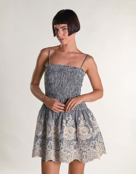 Glamorous Shirring strappy mini dress in embroidered gingham