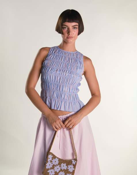 Glamorous Shirring vest top in blue orange stripe - view 1