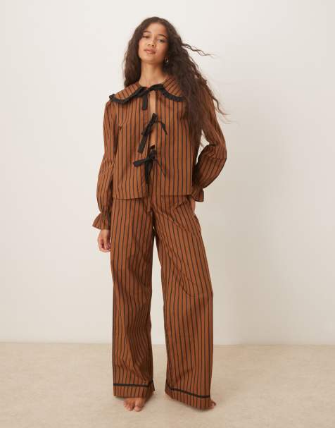Glamorous shirt and pants pajama set in black brown stripes - view 1