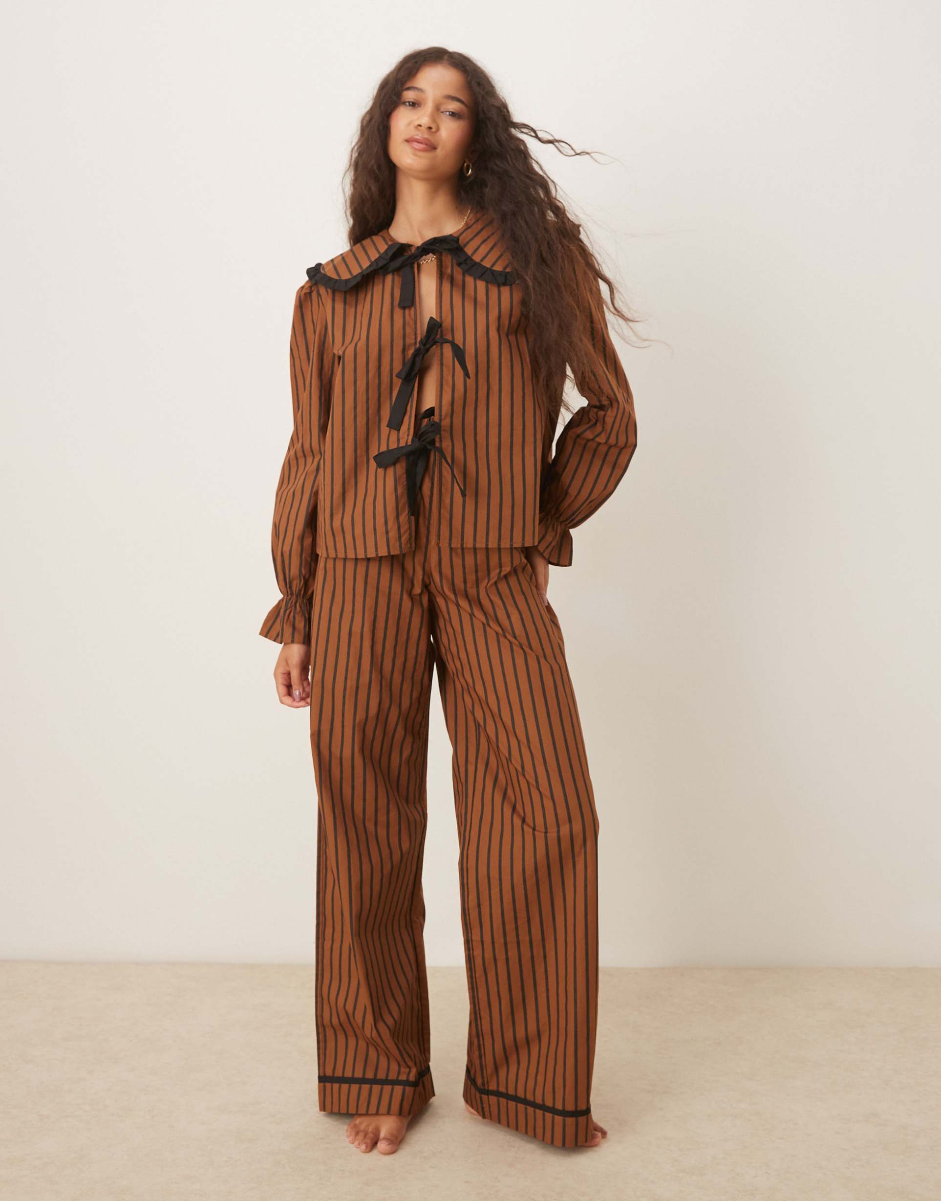 glamorous shirt and pants pajama set in black brown stripes