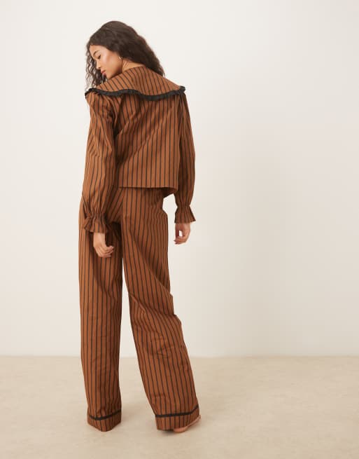 Glamorous shirt and pants pajama set in black brown stripes