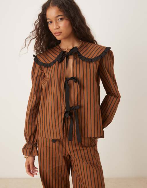 Glamorous shirt and pants pajama set in black brown stripes