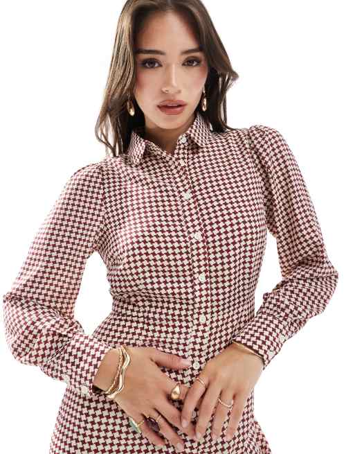 Glamorous shirt mini dress in burgundy geometric check | ASOS